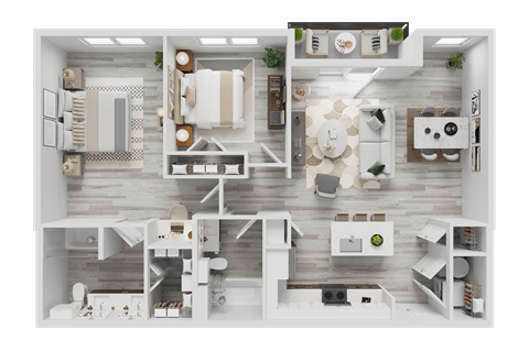 A top-down view of a well-organized, modern kitchen and living room.